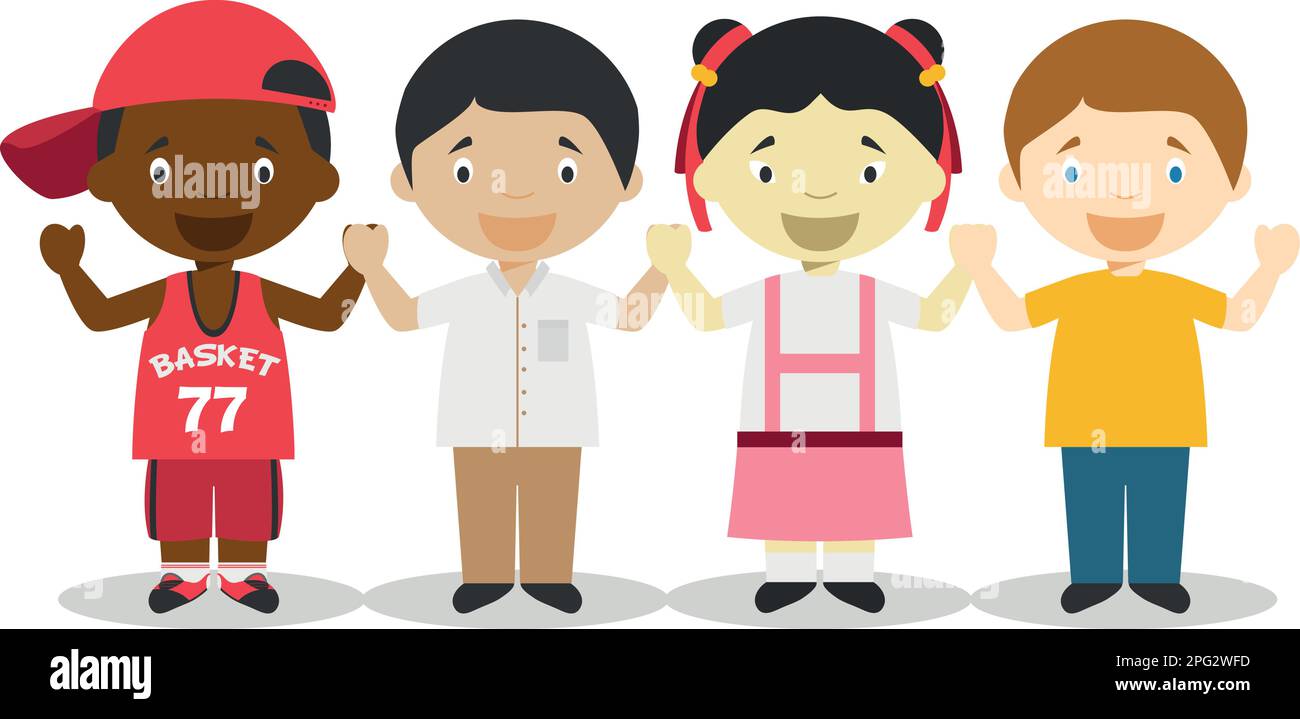 Vier Kinder verschiedener Rassen halten Händchen und repräsentieren Zeichentrickfiguren aus dem Globalisierungszeitalter. Vektordarstellung. Geschichtskollektion Für Kinder. Stock Vektor
