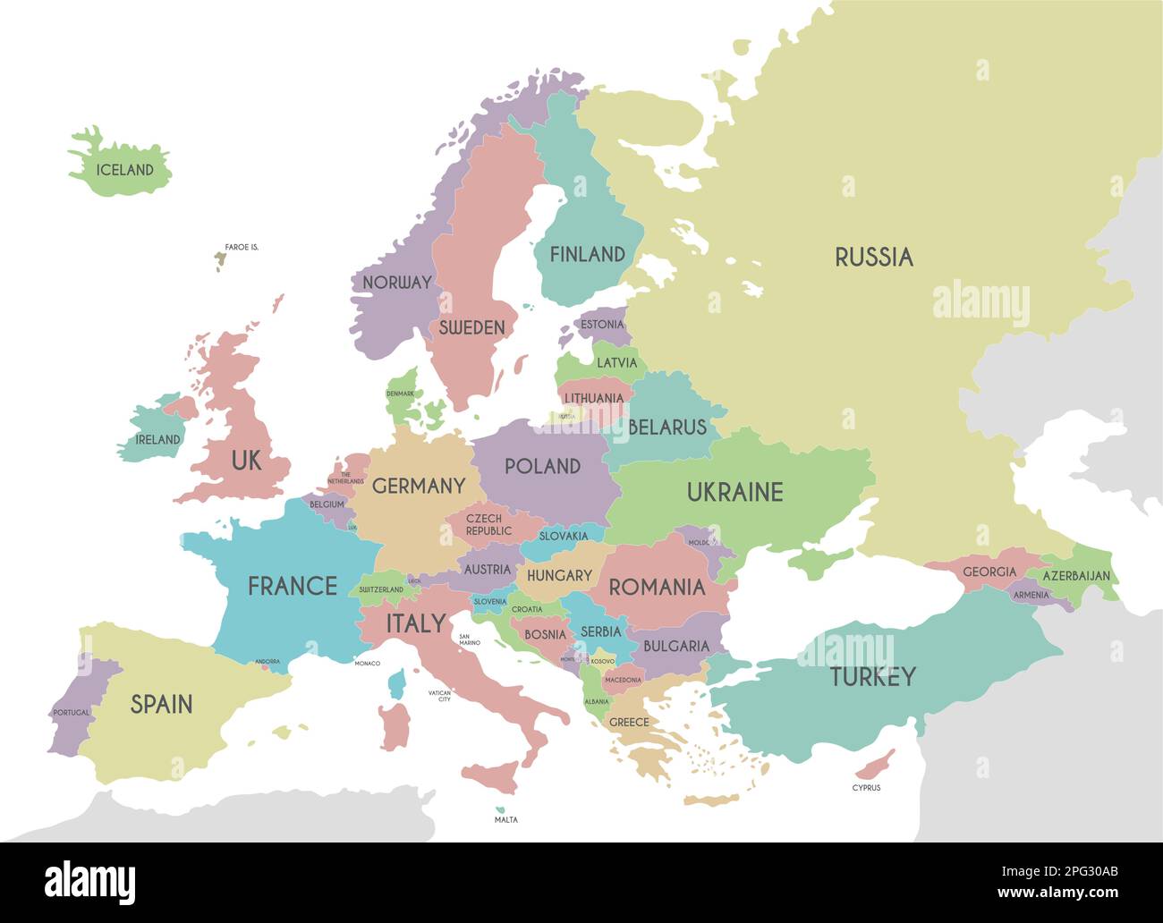 Politisches Europa Kartenvektordarstellung isoliert auf weißem Hintergrund. Bearbeitbare und deutlich beschriftete Ebenen. Stock Vektor