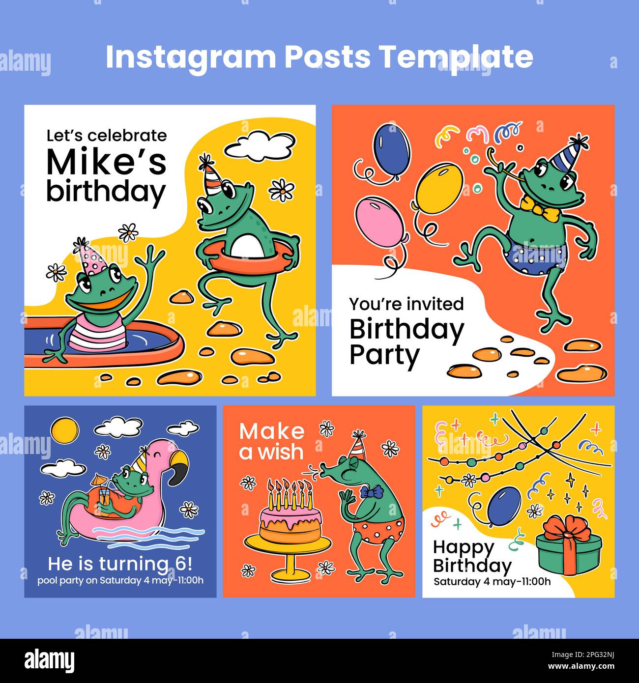 GEBURTSTAG IG POST FRÖSCHE fröhliche Amphibien mit Kuchen und Geschenk lädt Freunde zu einem Party Cartoon in flacher Form und Ihren Text Square Templates für die Party ein Stock Vektor