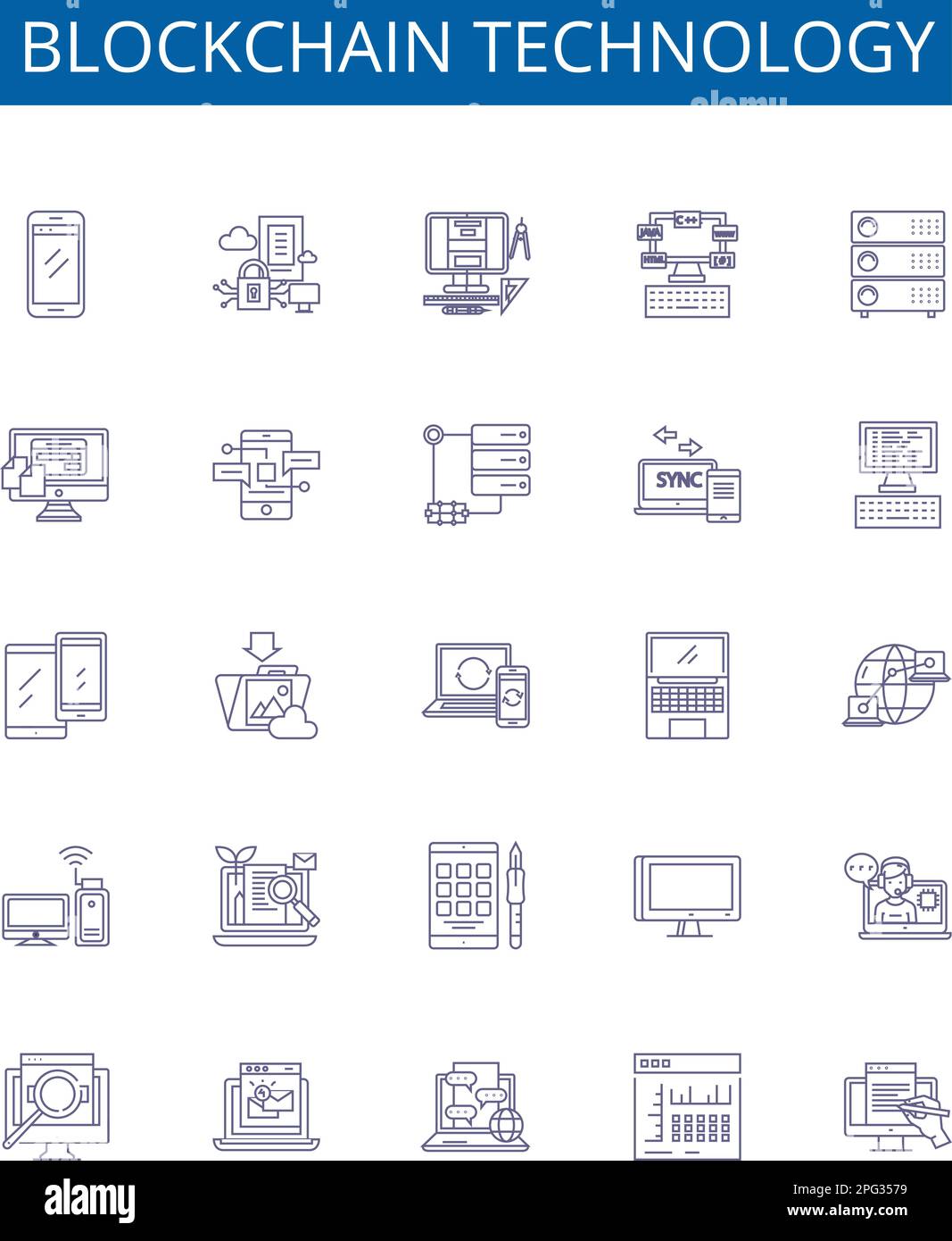 Blockchain-Technologie Linienzeichen gesetzt. Design-Sammlung von Blockchain, Technologie, dezentralisiert, Ledger, Kryptografie, Kryptowährung Stock Vektor