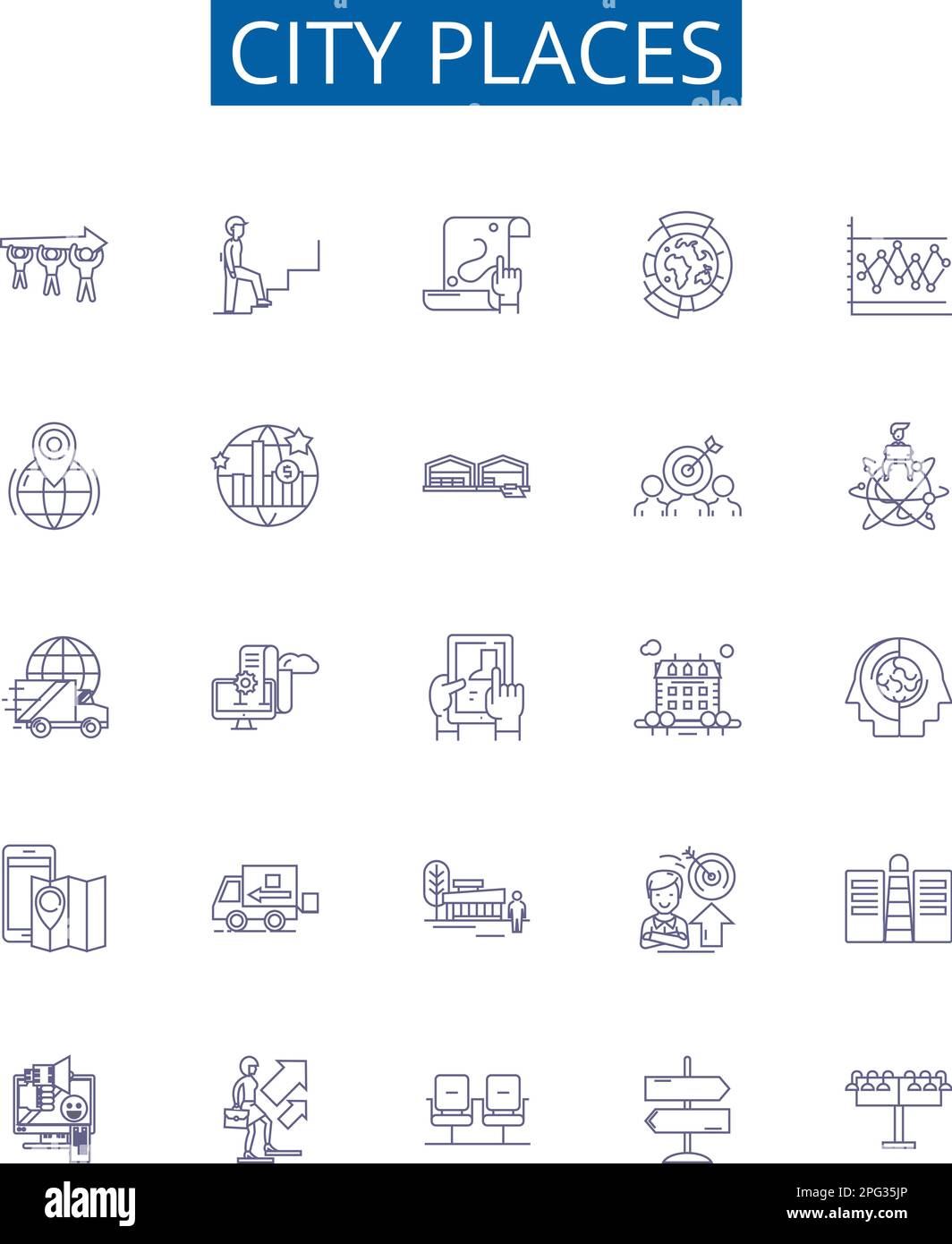 Stadt Orte Liniensymbole Zeichen gesetzt. Design-Sammlung von Town, Metropolis, Village, Borough, Settlement, Vorort, Plaza, Avenida-Konturenkonzept-Vektor Stock Vektor