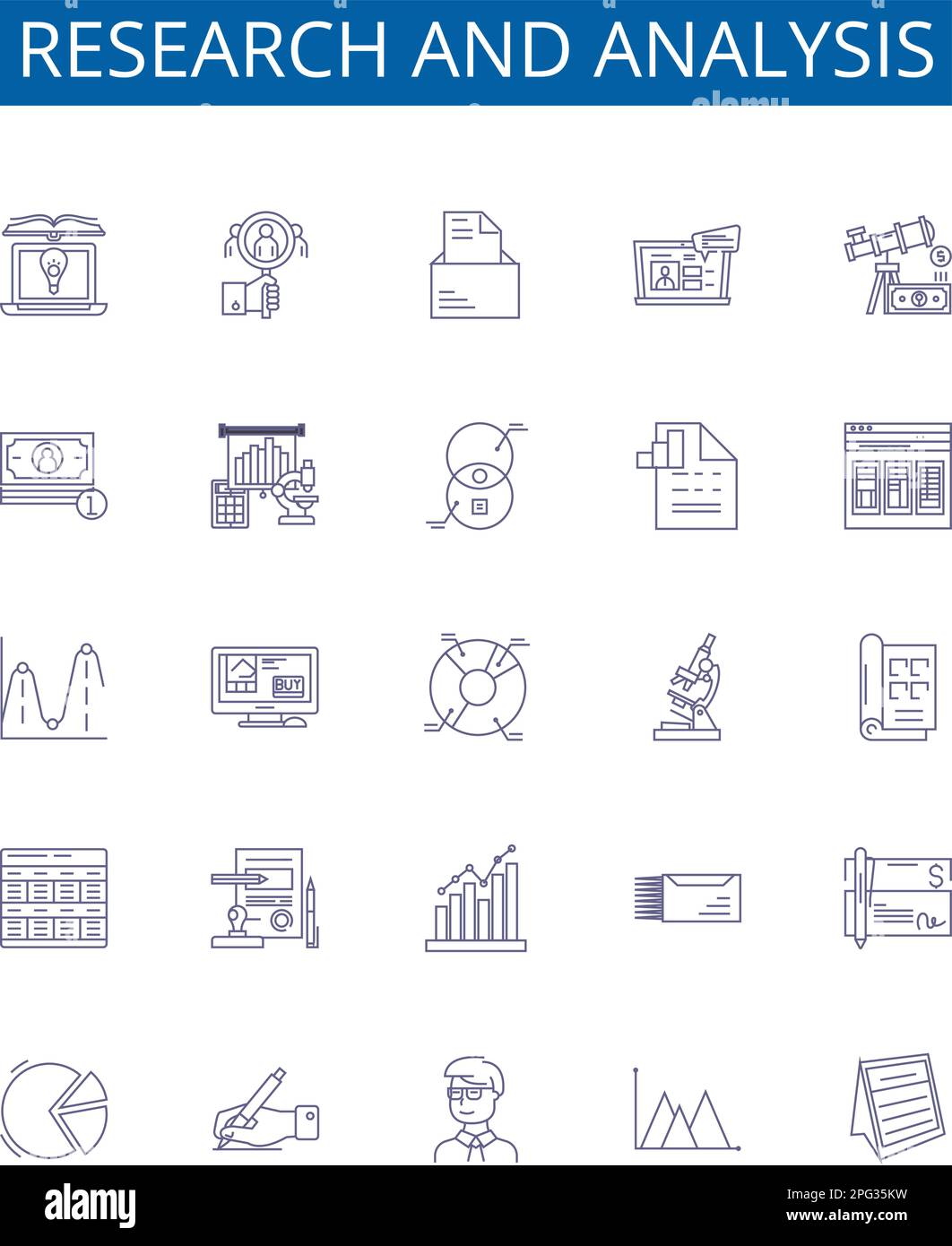 Symbole für Forschungs- und Analyselinien sind gesetzt. Design-Sammlung von Forschung, Analyse, Evaluieren, Bewerten, Vergleichen, Untersuchen, Bestimmen, Untersuchen Stock Vektor