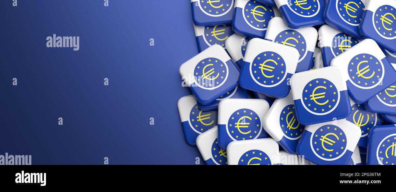 Logos der Europäischen Zentralbank auf einem Haufen auf einem Tisch. Webbannerformat, Kopierbereich. Stockfoto