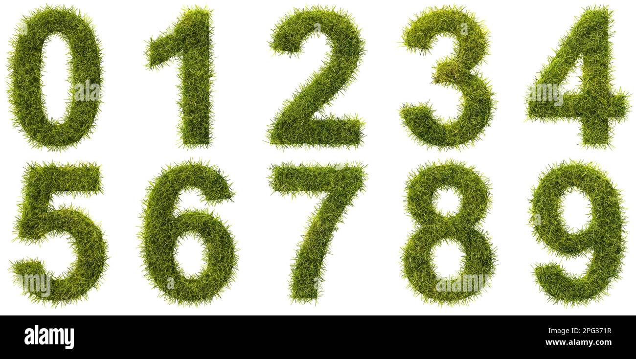 Grüne Grasziffern 0 1 2 3 4 5 6 7 8 9 isoliert auf weißem Hintergrund. Siehe die anderen Abbildungen für Buchstaben. Stockfoto