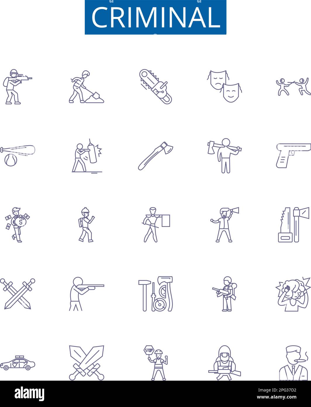 Symbole für kriminelle Linien sind gesetzt. Sammlung von Gesetzesbrechern, Verbrechern, Straftätern, Straftätern, Sträflingskräften, Schuldige, Schurke, krimineller Grundbegriff Vektor Stock Vektor