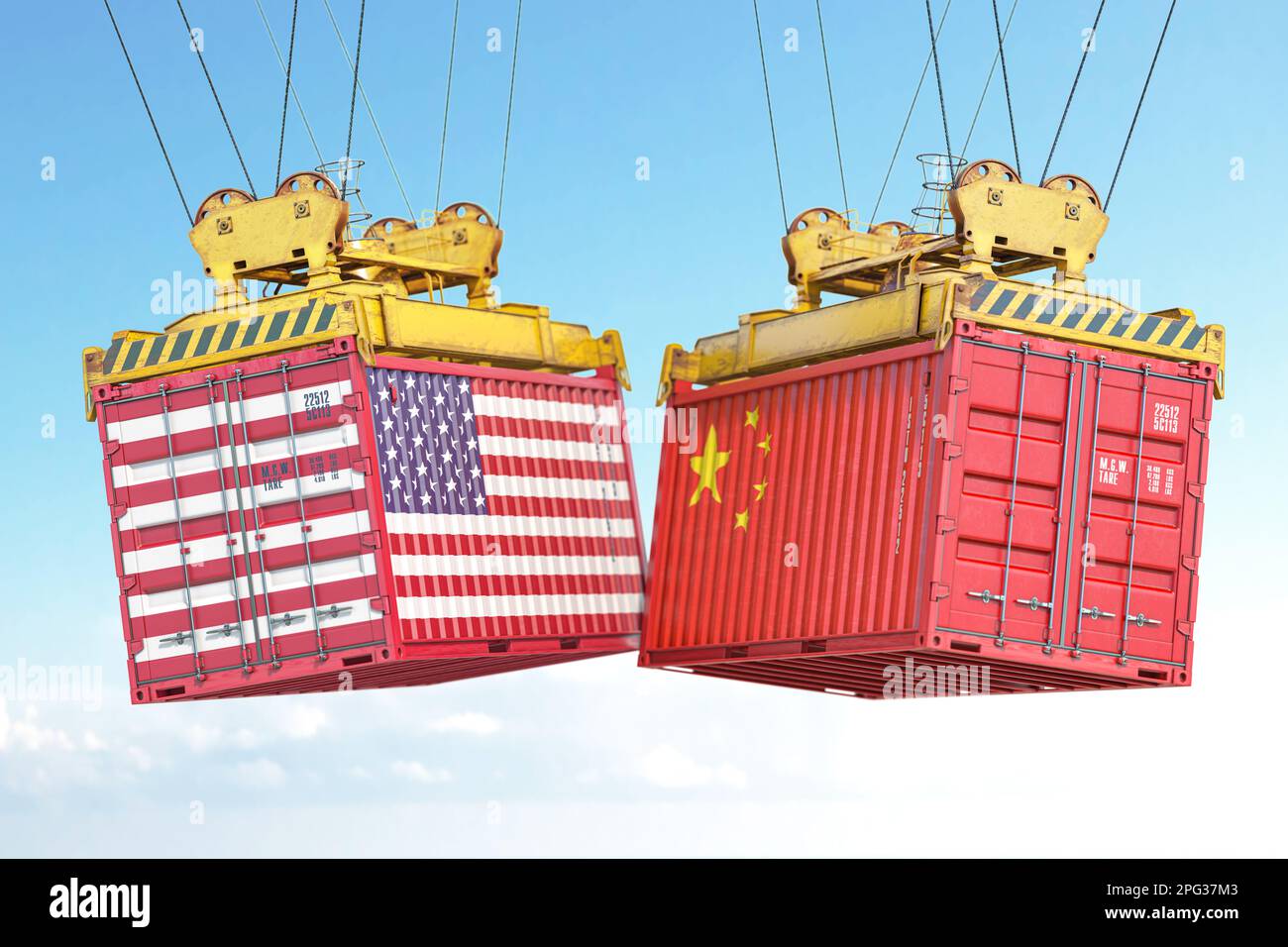 USA China-Dhandelskrieg. Frachtschiffe mit Flaggen der Vereinigten Staaten und Chinas. 3D Abbildung Stockfoto