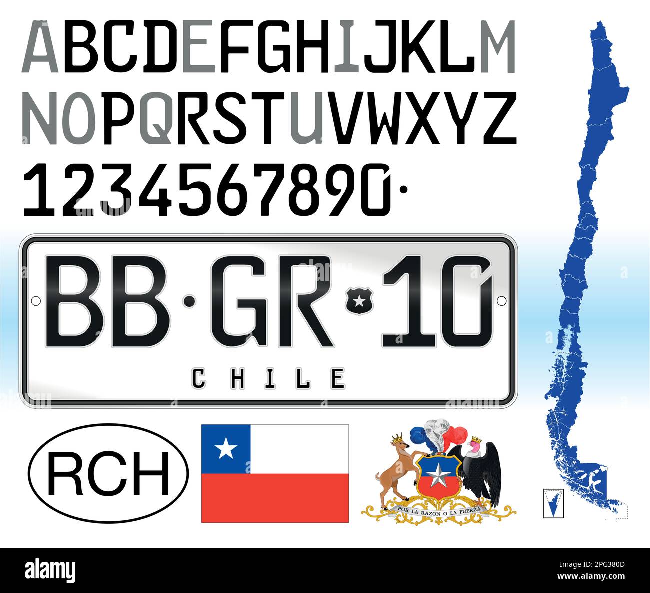 Chile Auto Nummernschild neuer Stil, 2014, Buchstaben, Zahlen und Symbole, Vektorzeichnung, Republik Chile Stock Vektor