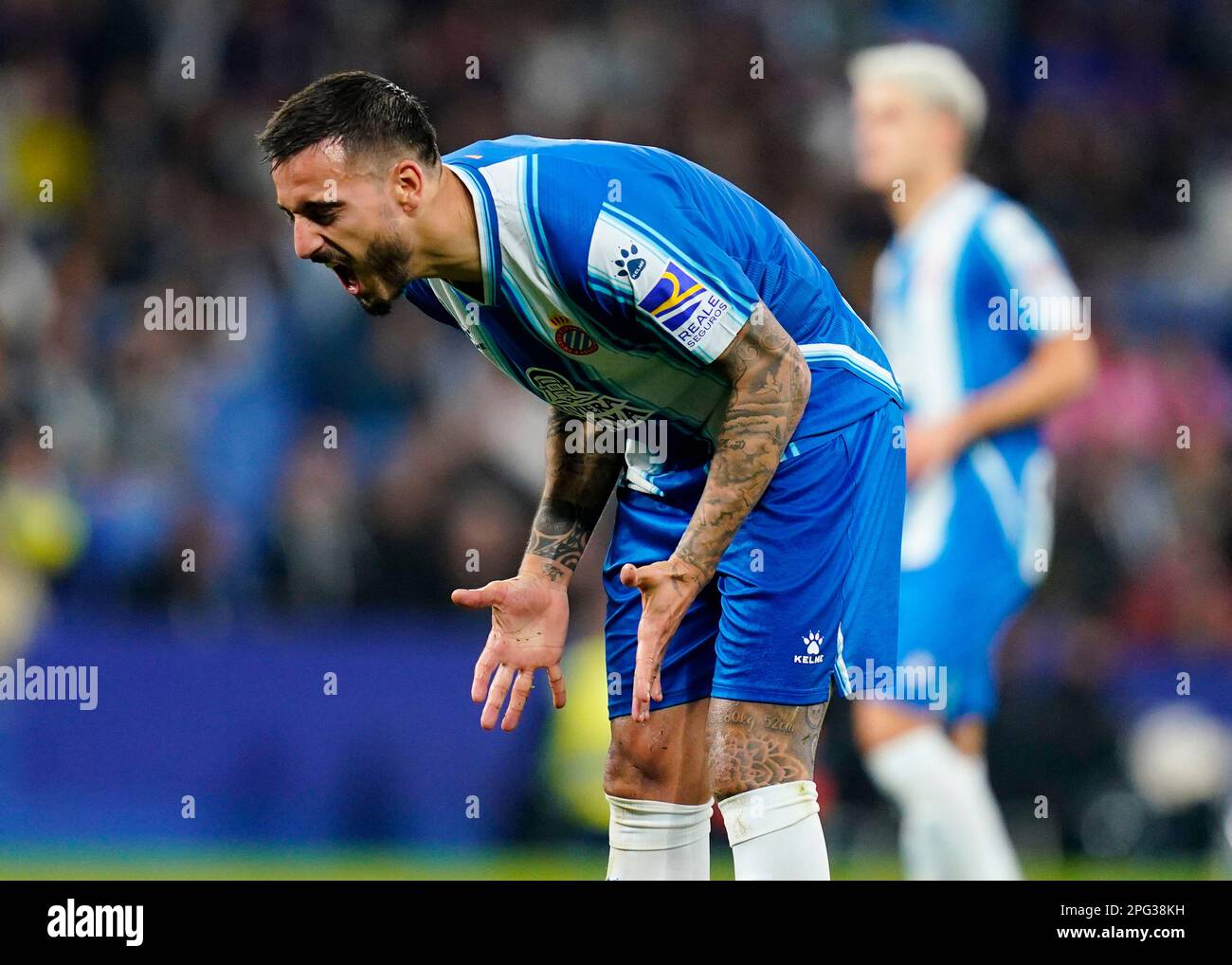 Joselu Mato von RCD Espanyol beim Spiel La Liga zwischen RCD Espanyol und RC Celta de Vigo spielte am 18. März im RCDE-Stadion in Barcelona, Spanien. (Foto: Sergio Ruiz PRESSIN) Stockfoto