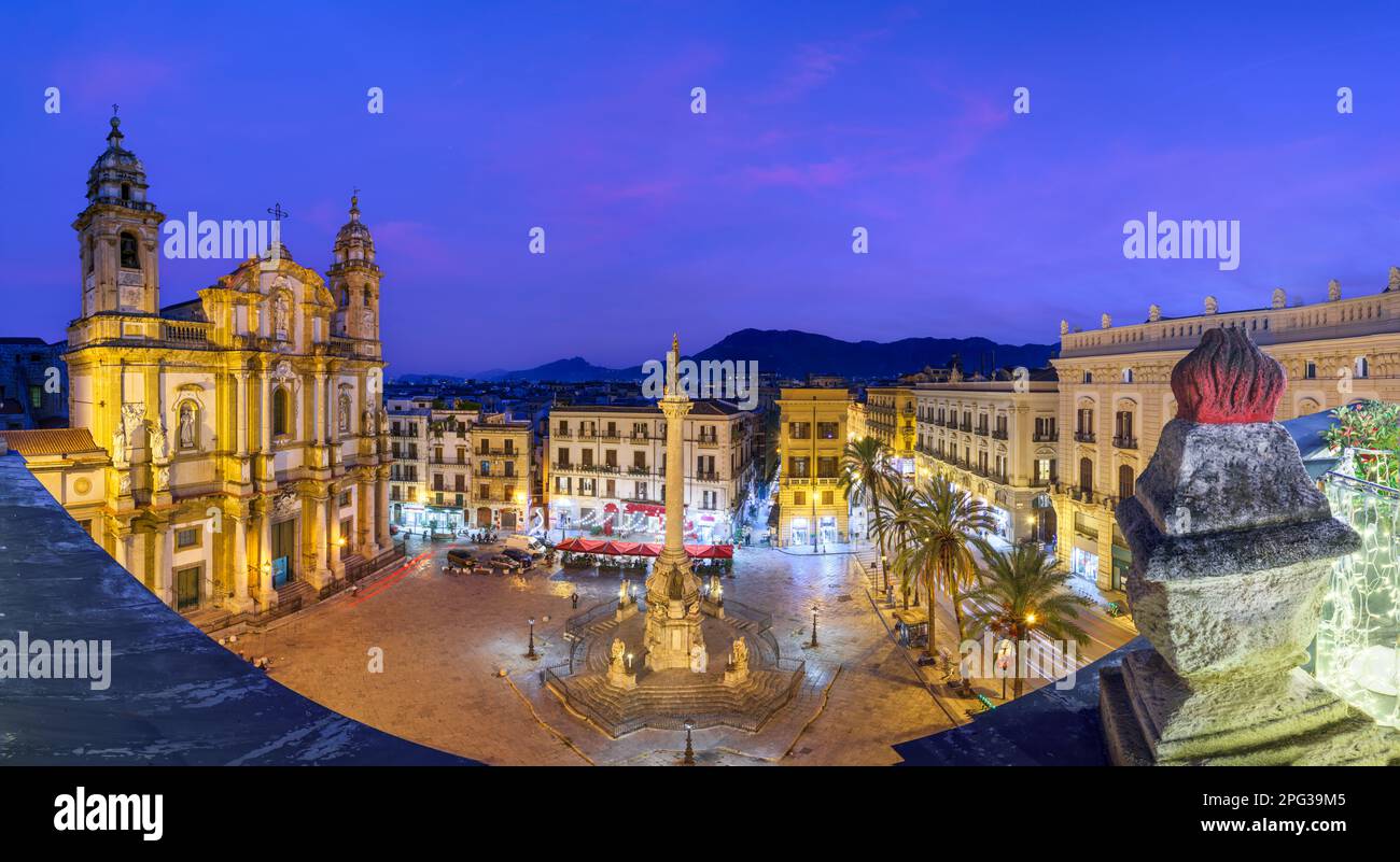 Palermo, Italien, mit Blick auf die Piazza San Domenico in der Abenddämmerung. Stockfoto