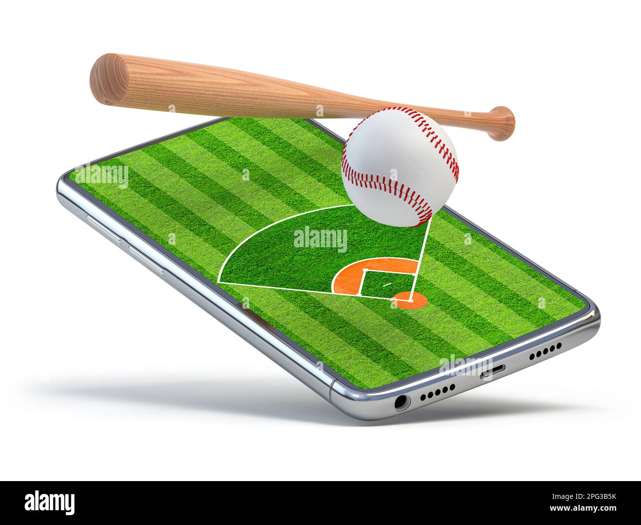 Online-Videospiel-App für Baseball-Smartphones. Handy mit Baseballfeld auf einer Leinwand mit Baseballball und Schläger. 3D Abbildung Stockfoto