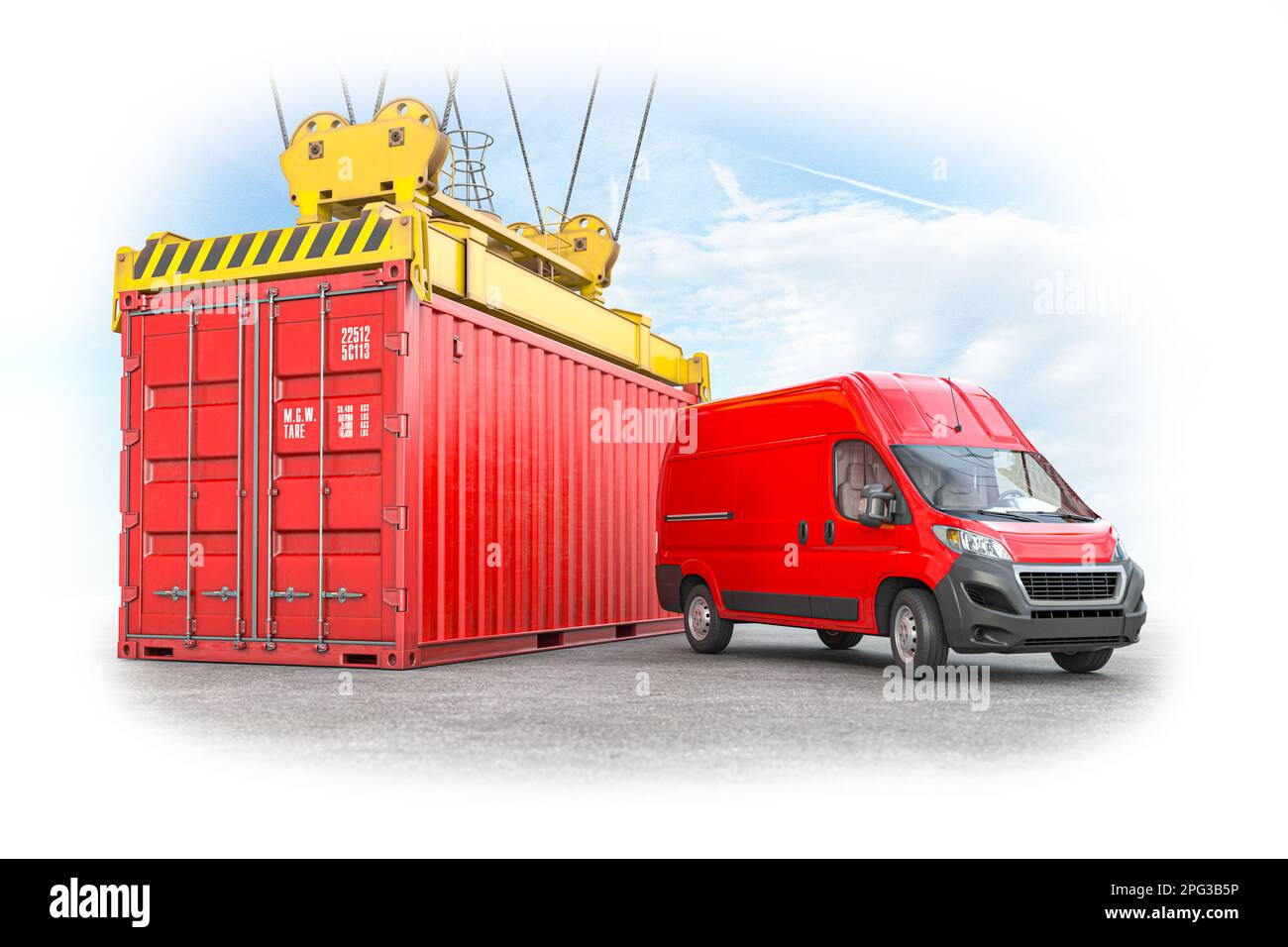 Lieferung, versand und Logistikkonzept. Roter Container und Lieferwagen. 3D Abbildung Stockfoto