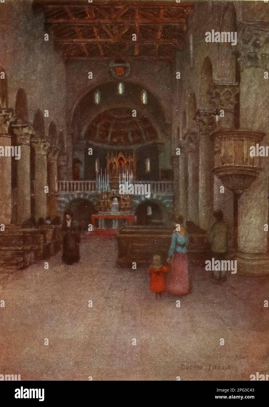 Das Innere der Kathedrale, Fiesole mit Blick auf das Schiff zum Chor und Hochaltar, zeigt die antiken Säulen und Eingänge zur Krypta, gemalt von Colonel Robert Charles Goff aus dem Buch ' Florence & some Tuscan Cities ' von Clarissa Goff Veröffentlicht von A & C Black im Jahr 1905 Stockfoto