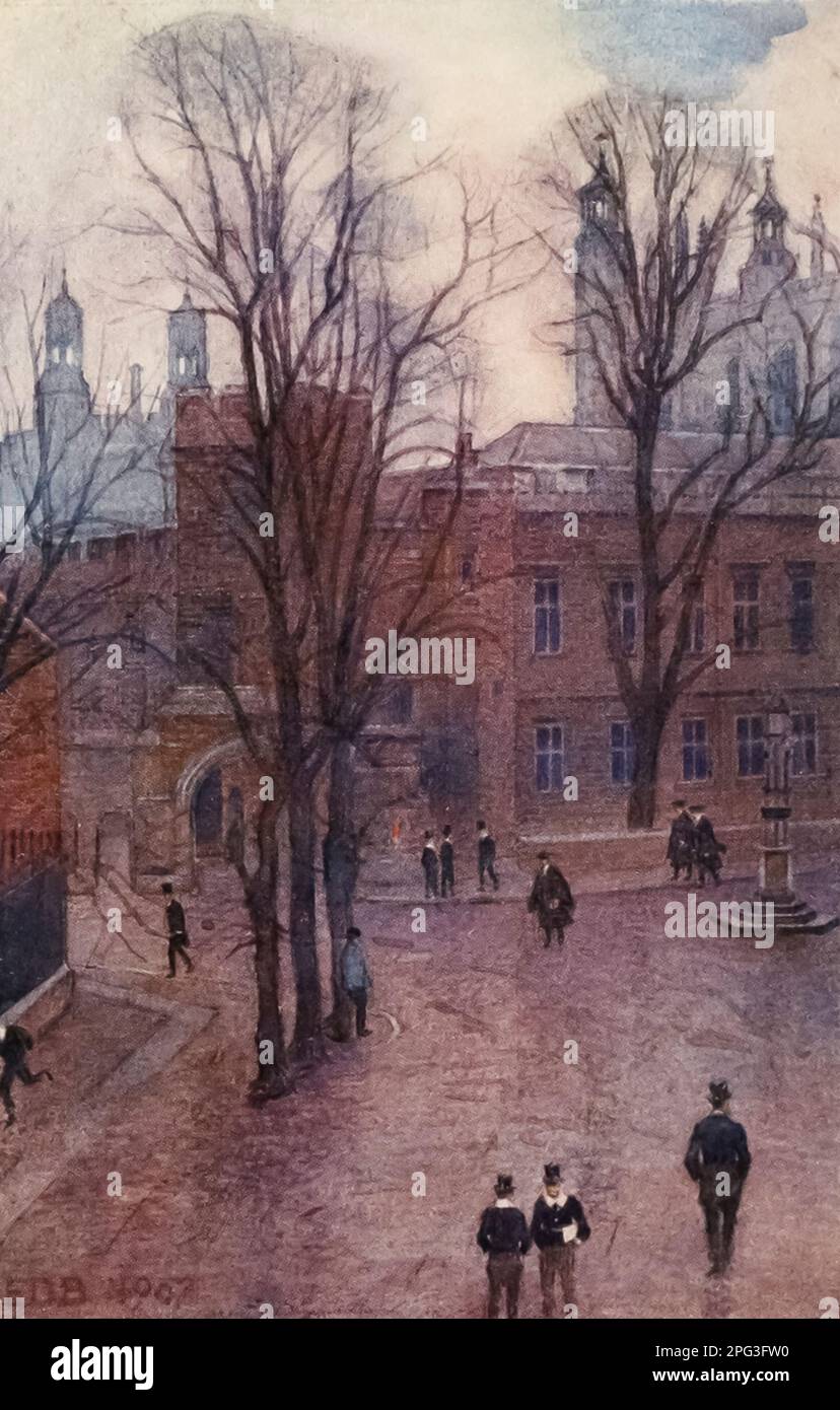 Upper School und ein langer Spaziergang vom Common Lane House hinter den Three Limes ist das Tor von Weston's Yard. Rechts davon ist Mr. Gaffney's Lodge, wo einst die Ställe des Provosten standen. Am äußersten Punkt befindet sich der Lampenpfosten, der als " brennender Busch" bekannt ist. Ganz links, wo die Neuen Schulen jetzt sind, war einst Bethells Haus, wo Shelley an Bord ging. Watercolour von Edith Danvers Brinton, aus dem Buch " Eton " von Christopher Reynolds Stone, veröffentlicht in London von A. & C. Black 1909. Eton College ist eine öffentliche Schule in Eton, Berkshire, England. Es wurde 1440 von Heinrich VI. Unter der na gegründet Stockfoto