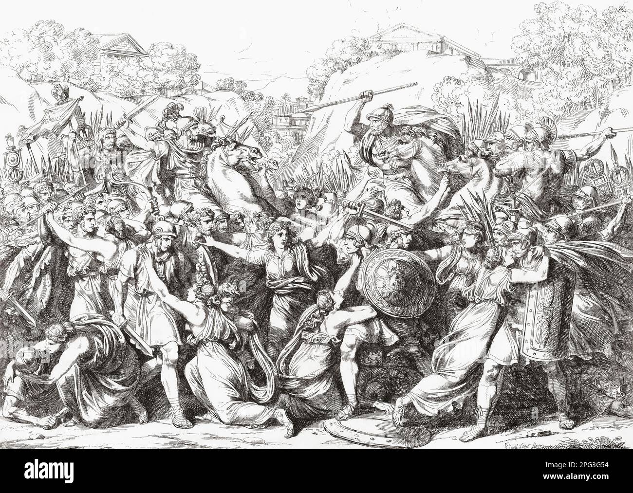Die Sabine-Frauen greifen zwischen den Kriegsparteien in die Schlacht der Lacus Curtius ein. Ein Vorfall in der römischen Mythologie. Nach einem Werk aus dem 19. Jahrhundert von Bartolomeo Pinelli. Stockfoto