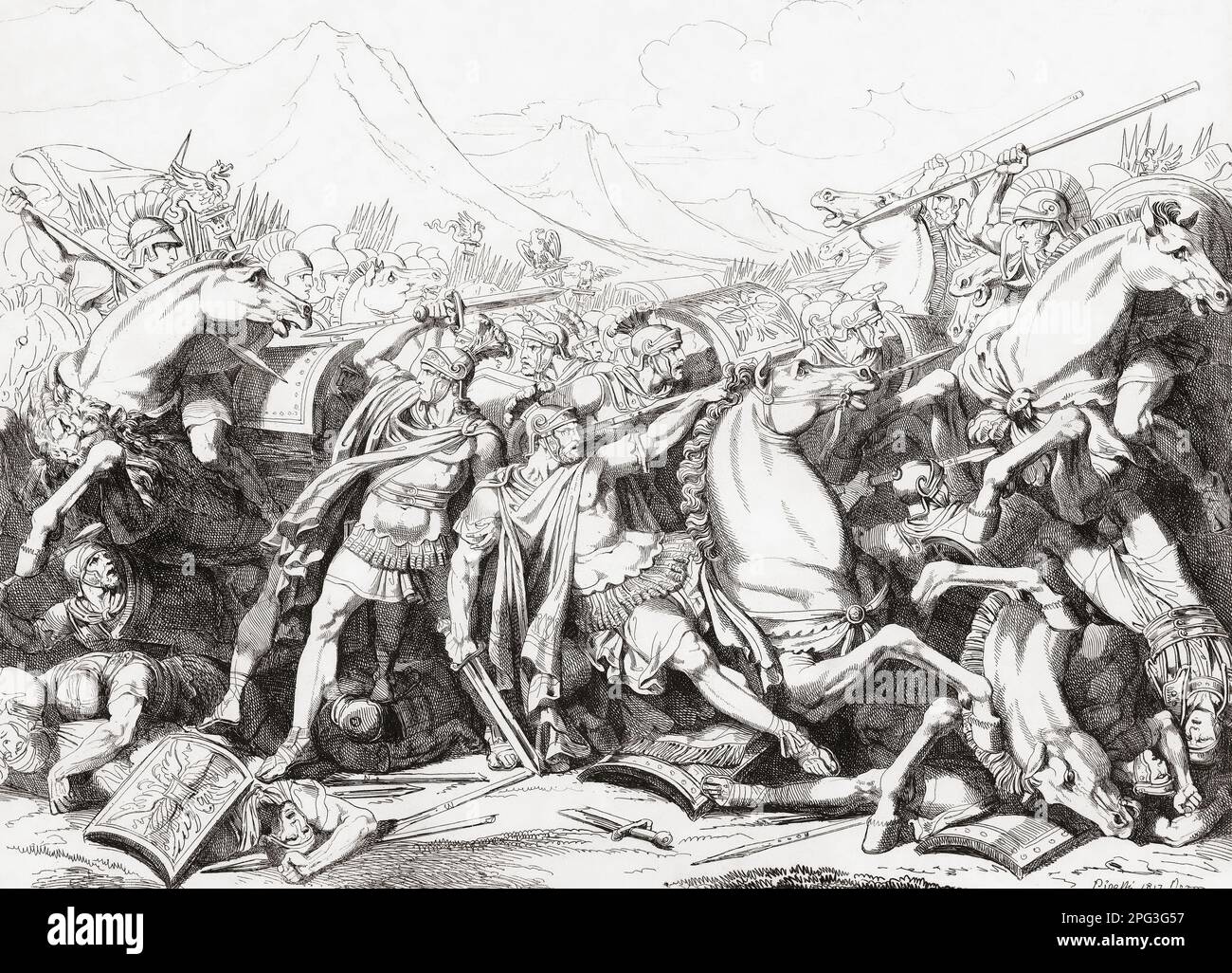 Die Schlacht von Ticinus, 218. November v. Chr., während des Zweiten Punischen Krieges. Die karthaginischen Truppen von Hannibal besiegten die römische Armee unter Publius Cornelius Scipio. Nach einem Werk aus dem 19. Jahrhundert von Bartolomeo Pinelli. Stockfoto