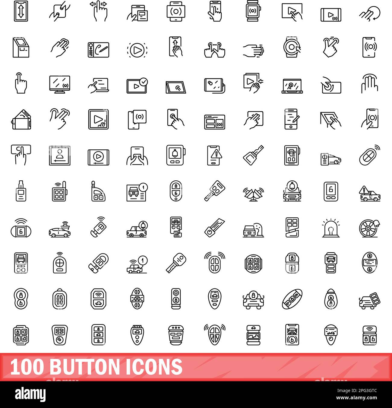 100 Schaltflächensymbole eingestellt. Umrissdarstellung von 100 Schaltflächensymbolen, Vektorsatz isoliert auf weißem Hintergrund Stock Vektor