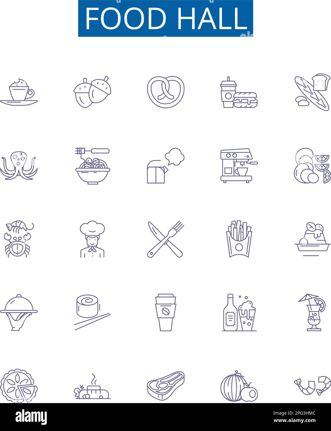 Die Symbole der Essenshalle sind eingezeichnet. Designkollektion von Cafeteria, Delikatessen, Restaurant, Bistro, Eatery, Stall, Küche, Feinkost-Konzept-Vektor Stock Vektor
