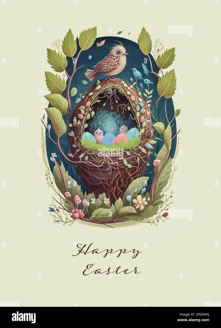 Dekorative ostervorlage im Vintage-Stil. Vögel und Eier in einem Korb in einem wunderschönen Wald für Banner oder Grußkarte mit Platz für Ihren Text Stockfoto