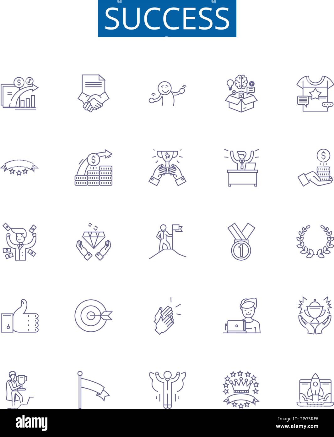 Symbole in der Erfolgszeile sind gesetzt. Design-Kollektion von Achieve, Triumph, Prosper, Achievate, Victory, Überzeugender, herausragender, blühender Konturvektor Stock Vektor