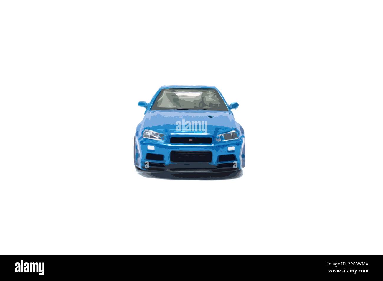 Ein Foto eines blauen Spielzeugautos, bearbeitet zu einem Cartoon, auf isoliertem Weiß. Stockfoto