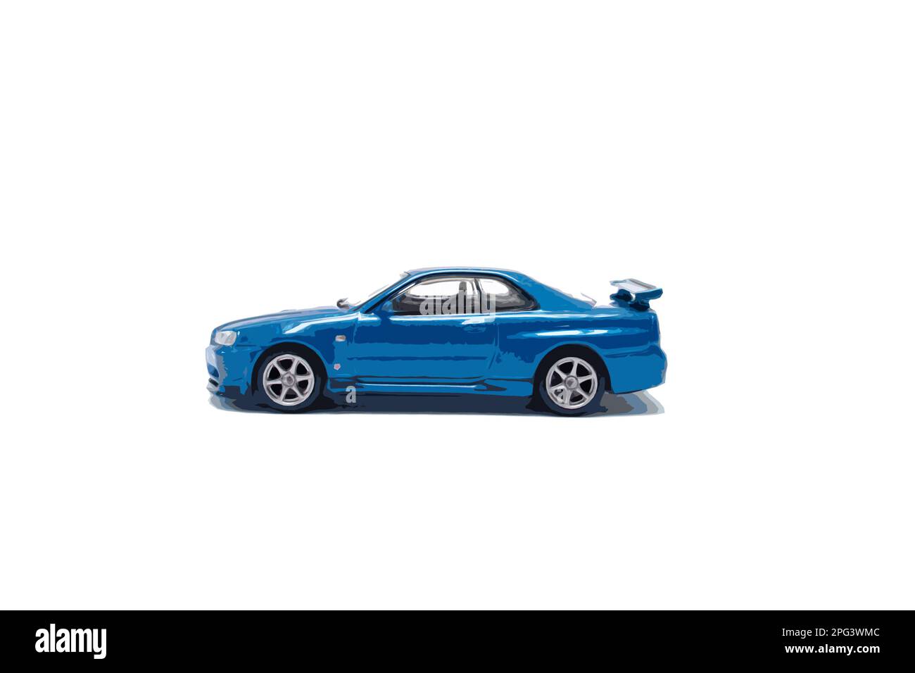 Ein Foto eines blauen Spielzeugautos, bearbeitet zu einem Cartoon, auf isoliertem Weiß. Stockfoto