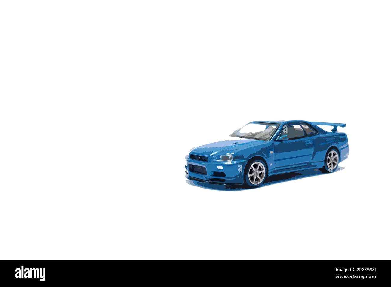 Ein Foto eines blauen Spielzeugautos, bearbeitet zu einem Cartoon, auf isoliertem Weiß. Stockfoto