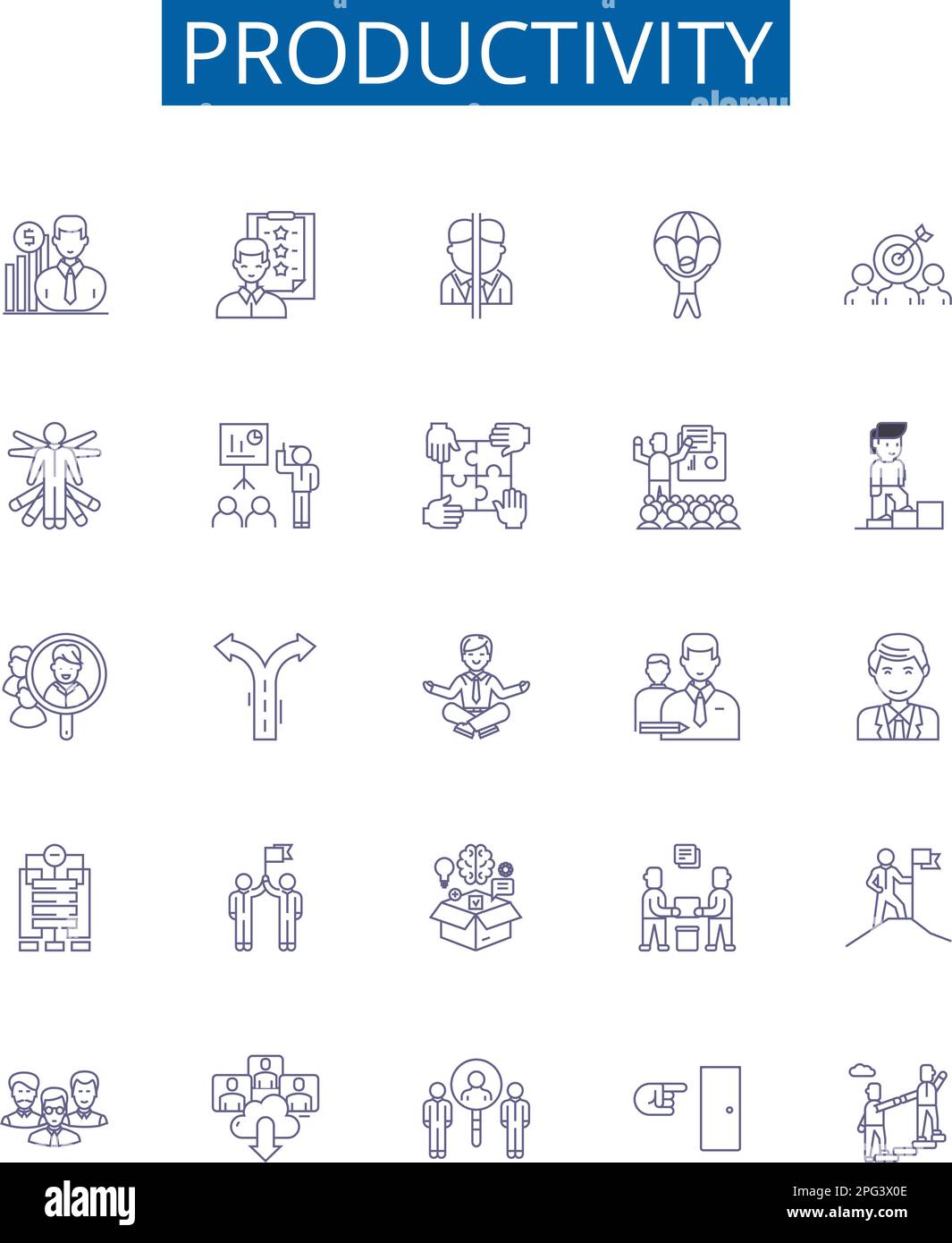 Symbole für Produktivitätslinien festgelegt. Design-Sammlung von Effizienz, Leistung, Qualität, Output, Rentabilität, Optimieren, Beschleunigen, Optimieren Stock Vektor