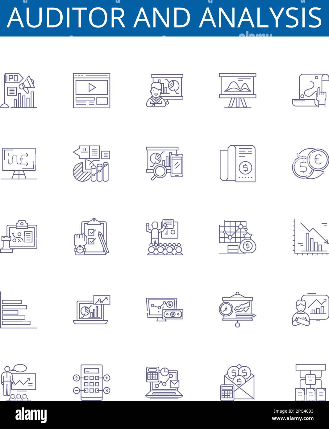 Symbole für Prüfer- und Analysezeilen sind gesetzt. Designsammlung von Auditor, Analyse, Auditing, Analysieren, Evaluieren, Überprüfung, Inspektion, Überprüfung Stock Vektor