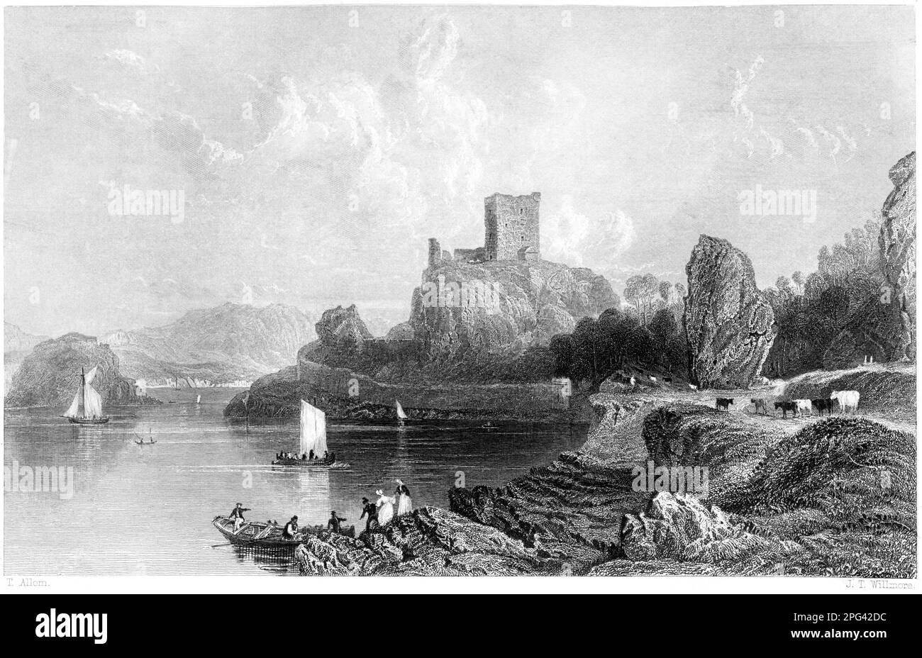 Eine Gravur von Dunolly (Dunollie) Castle in der Nähe von Oban, Argyleshire, Schottland, Großbritannien, gescannt mit hoher Auflösung aus einem Buch, das 1840 gedruckt wurde. Stockfoto