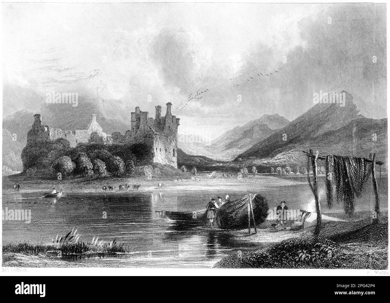 Eine Gravur von Kilchurn Castle, Loch Awe, Argyleshire, Schottland, Großbritannien, gescannt mit hoher Auflösung aus einem 1840 gedruckten Buch. Stockfoto