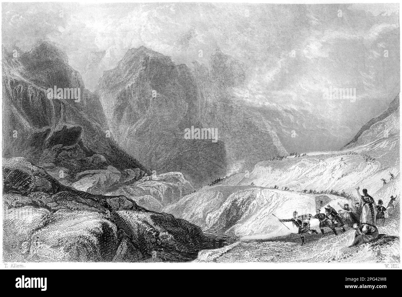 Eine Gravur des Eastern Pass of Glencoe, Argyleshire, Schottland, Großbritannien, gescannt mit hoher Auflösung aus einem 1840 gedruckten Buch. Stockfoto