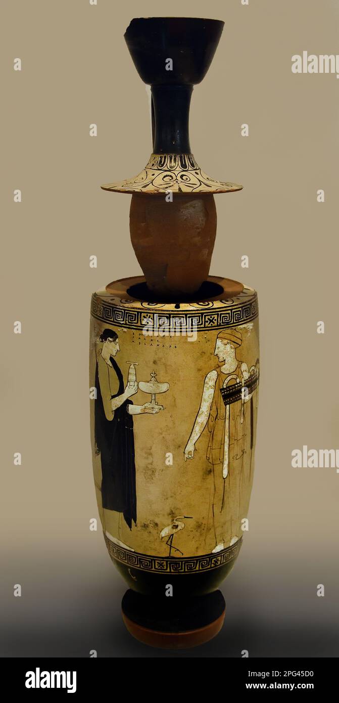 Weißer Terrakotta-Lekythos, weibliche Figuren im Frauenviertel aus Eretria, von Achilles-Malerin, 455-450v. Chr., griechisch, attisch. Nationalarchäologisches Museum, Athen, Griechisch, Griechenland (Lekythoi aus Eretria, 5. Jh.). B.C.) Stockfoto