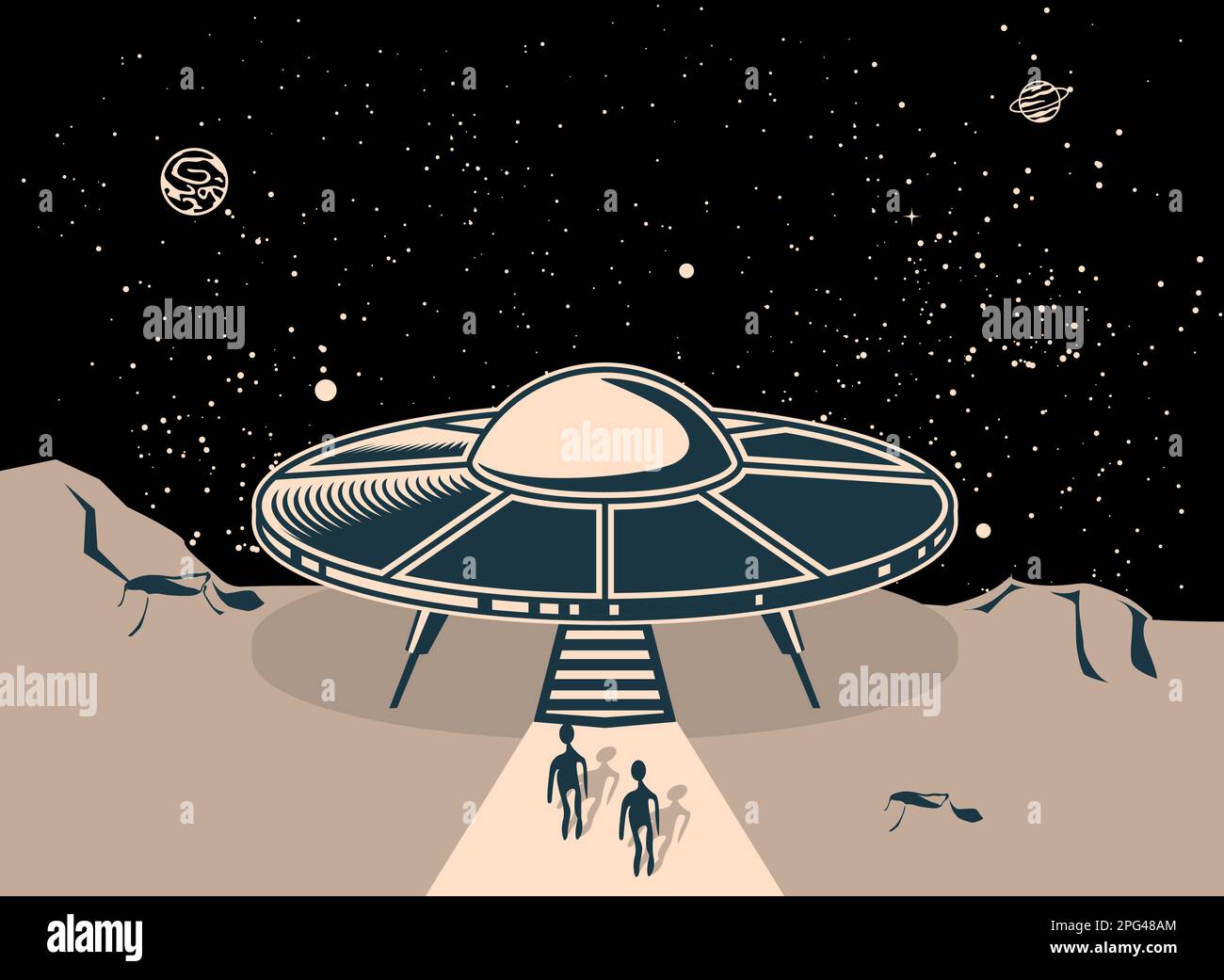 UFO fliegende Untertasse, auf dem Planeten gelandet, zwei ausschiffte Aliens, ufo-Diskette in Kosmos, Vektor Stock Vektor