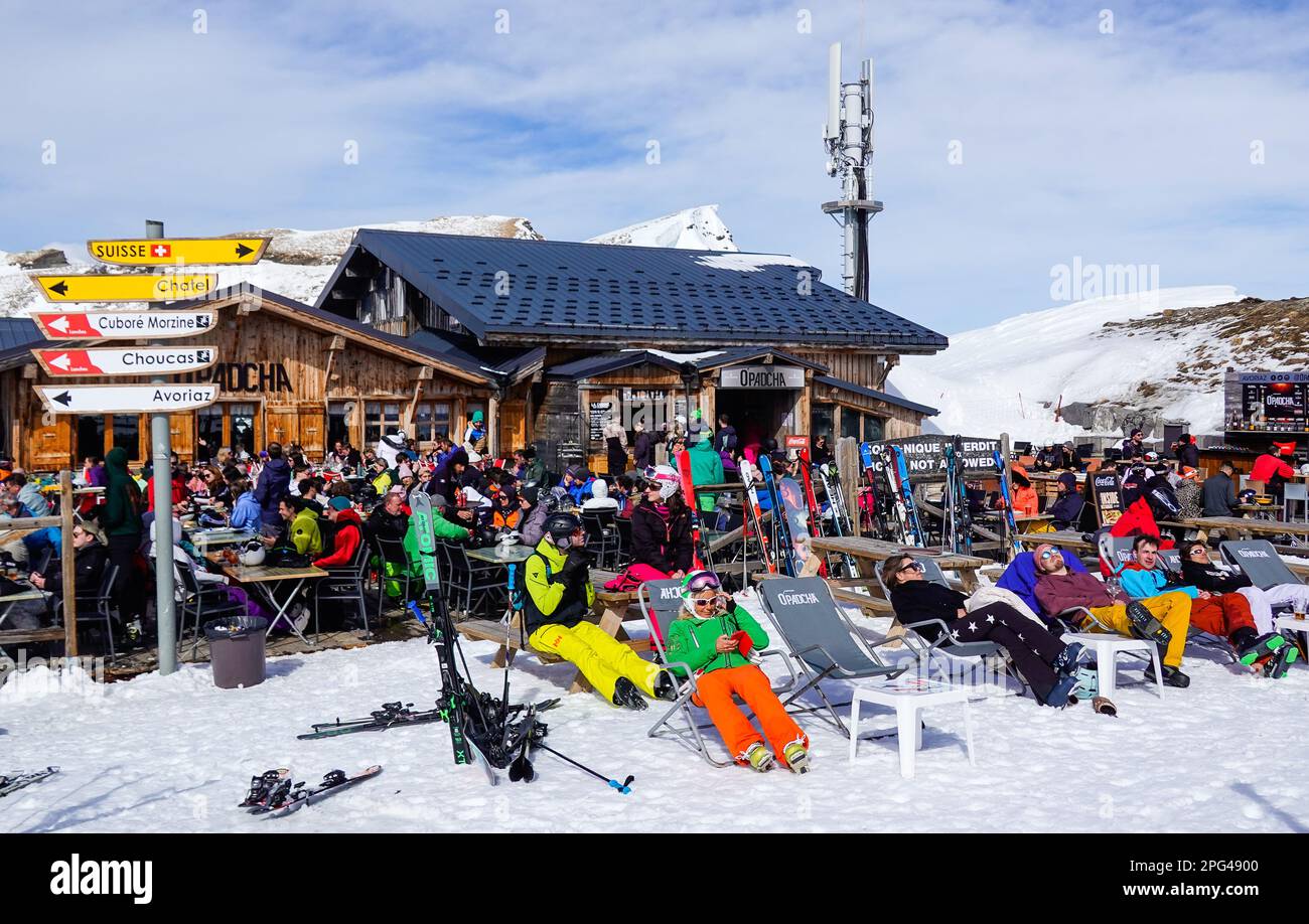 Skihütte Opadcha, Schweizer Wand, Le Mur Suisse, Les Portes du Soleil, Wallis, Schweiz Stockfoto