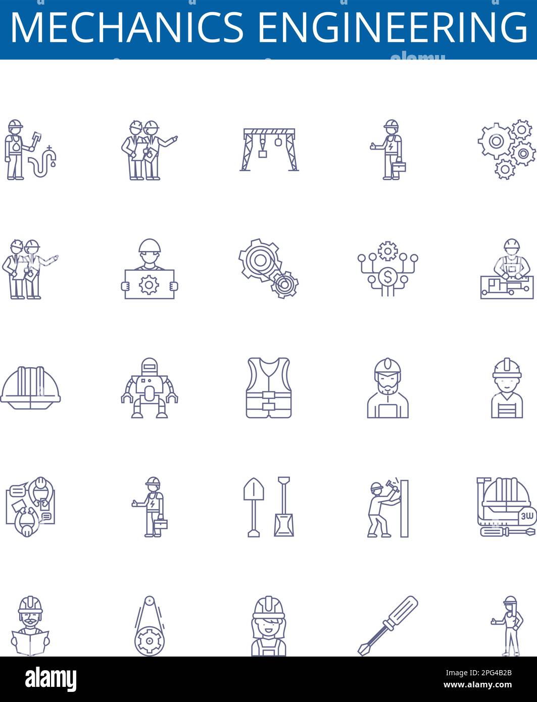 Symbole für die Maschinenbaulinie sind gesetzt. Konstruktionssammlung aus Mechanik, Technik, Kinematik, Dynamik, Vibrationen, Kraft, Drehmoment, Maschinen Stock Vektor