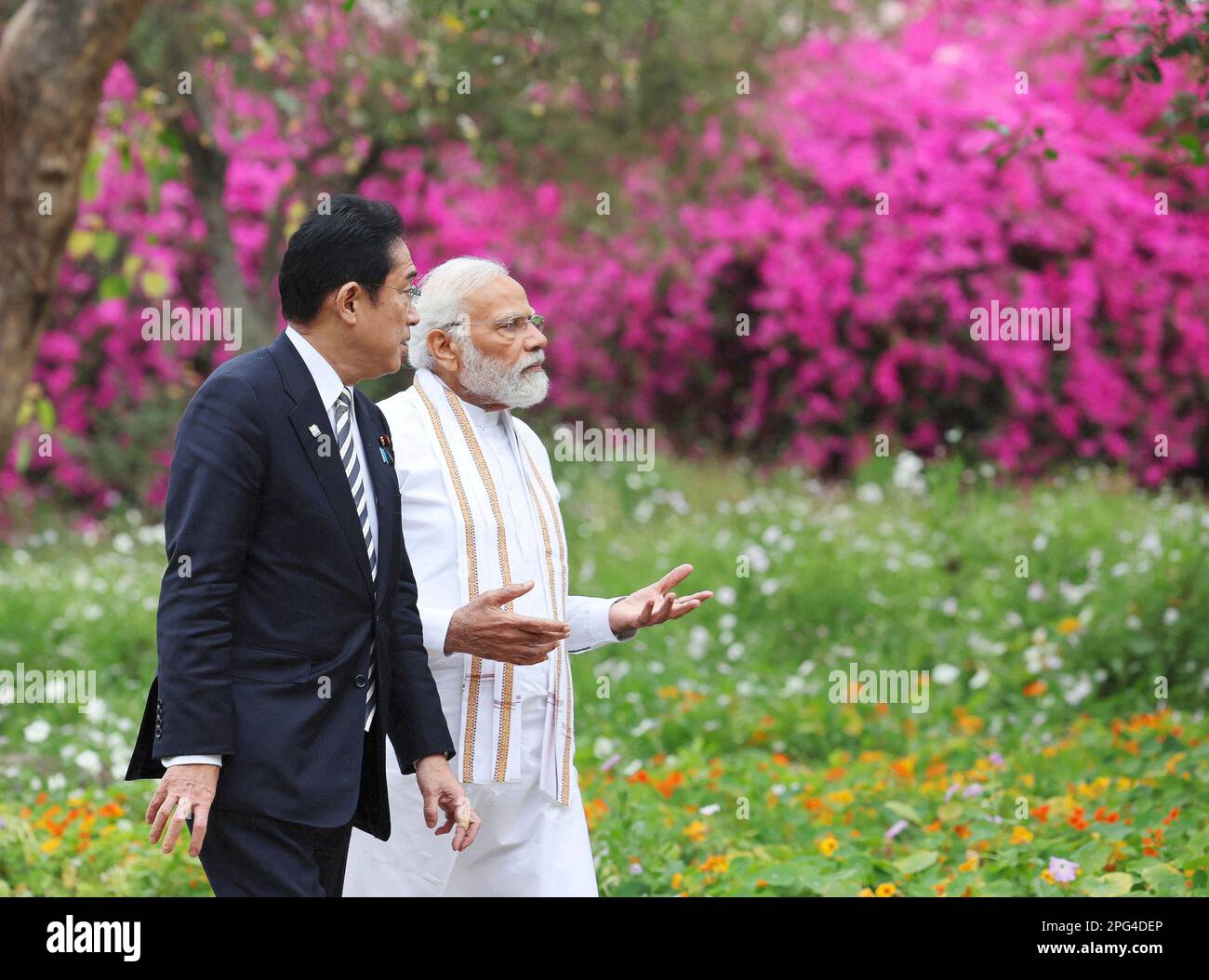 Neu-Delhi, Indien. 20. März 2023. Der indische Premierminister Narendra Modi, rechts, geht mit dem japanischen Premierminister Fumio Kishida auf einer Tour durch den Buddha Jayanti Park, 20. März 2023 in Delhi, Indien, spazieren. Kishida ist auf einer zweitägigen Reise nach Indien, um die Zusammenarbeit zwischen den beiden asiatischen Mächten zu vertiefen. Kredit: Press Information Bureau/PIB Photo/Alamy Live News Stockfoto