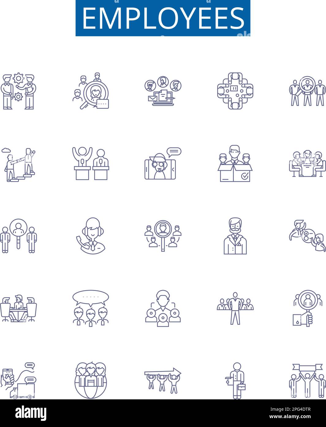 Symbole für Mitarbeiterlinien sind eingerichtet. Entwurfssammlung von Mitarbeitern, Mitarbeitern, Mitarbeitern, Mitarbeitern, Mitarbeitern, Mitarbeitern, Das Konzept von Kollegen, Einstellungen und Beauftragten wird skizziert Stock Vektor