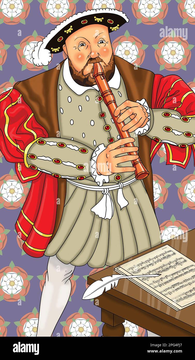 Kunstwerk, Illustration von Tudor English King, Heinrich VIII., der einen Rekorder spielt. Henry spielte und komponierte Musik für das bescheidene Holzwindinstrument. Stockfoto