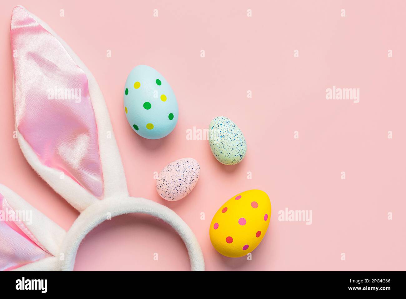 Frohe Ostern. Farbenfrohe ostern bemalte Eier und weiße Hasenohren mit Kopierbereich für Text auf pinkfarbenem Hintergrund Stockfoto