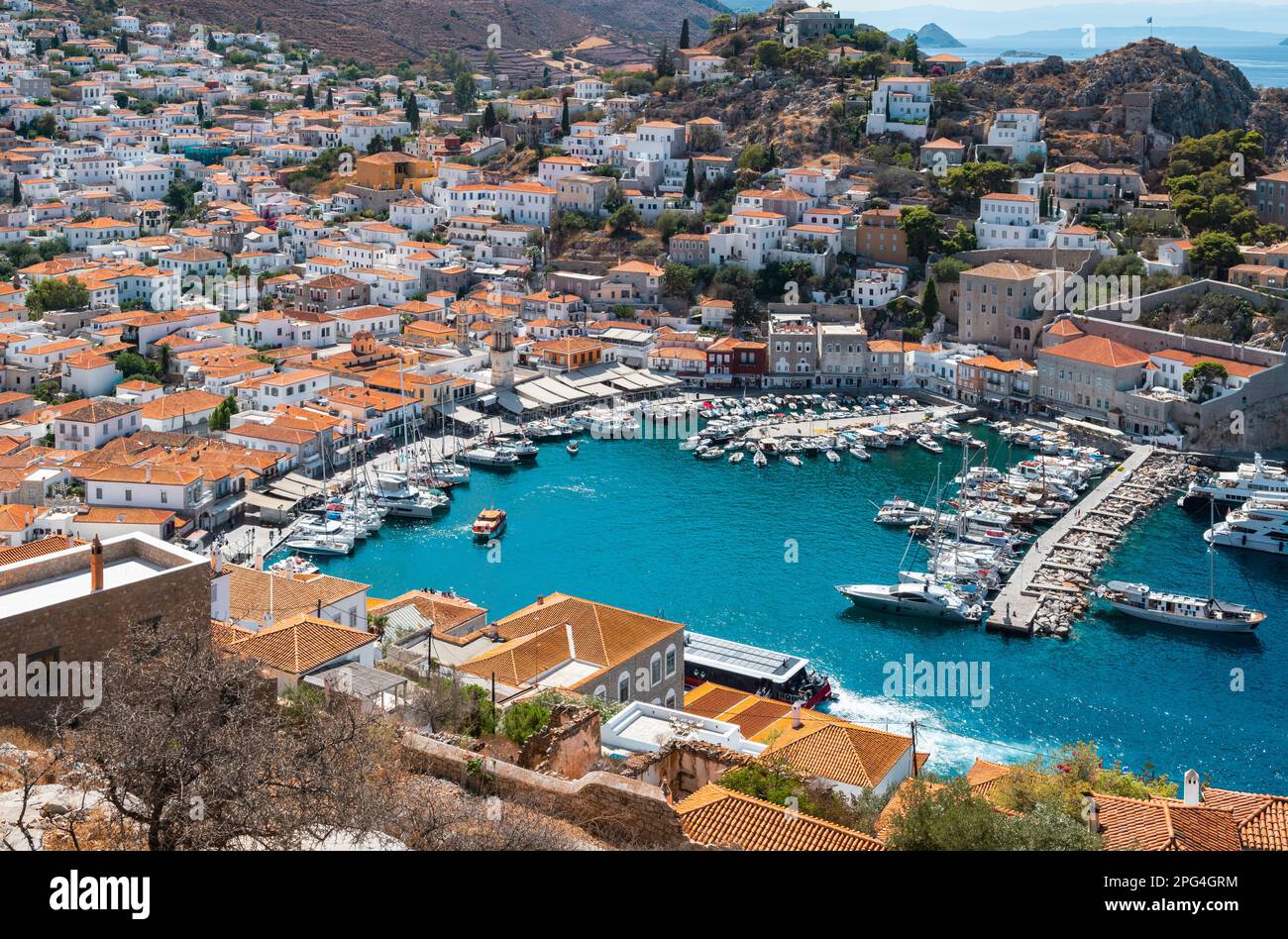 Hydra Griechenland Hafen von oben. Stockfoto
