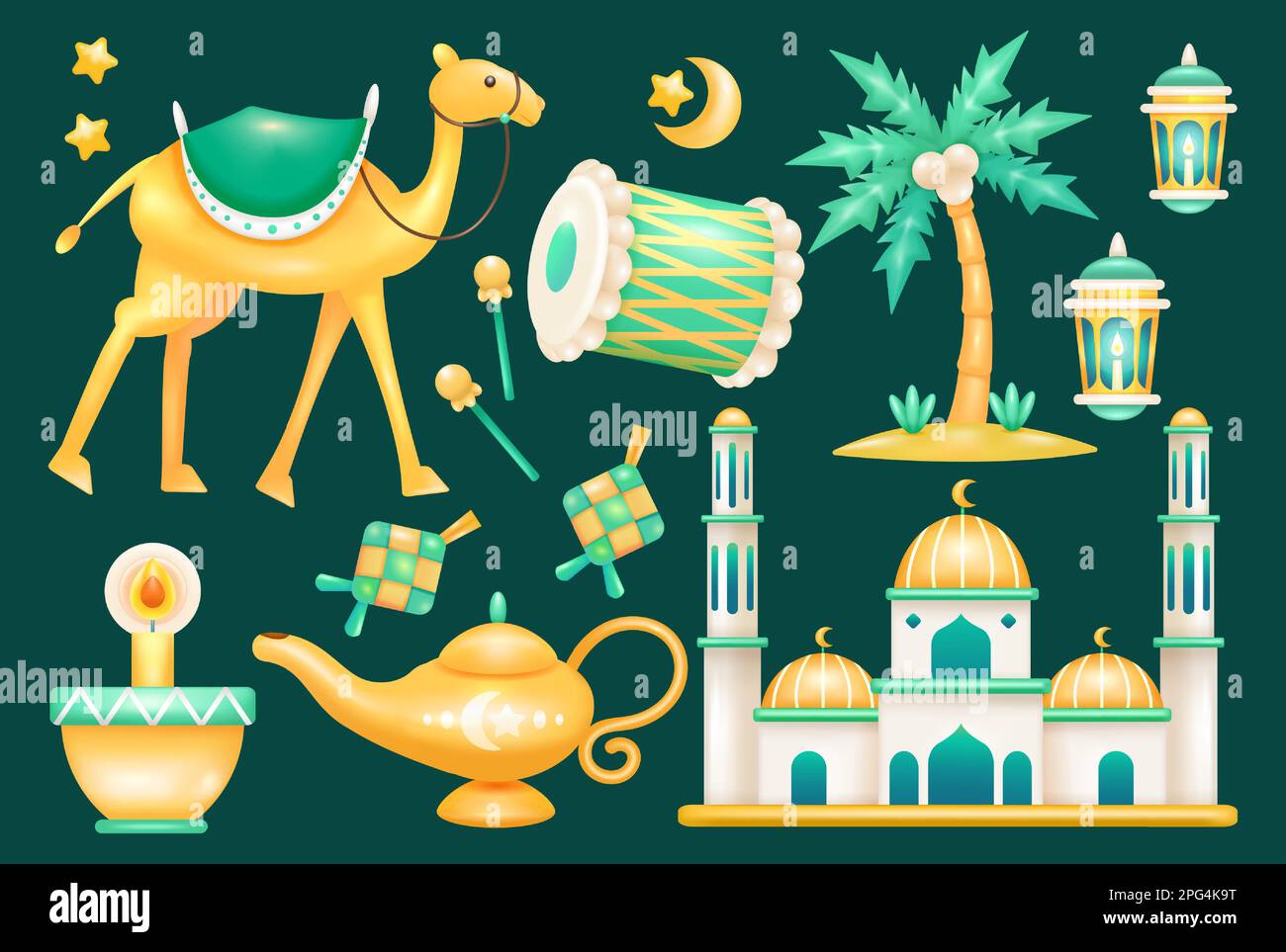 Ramadan 3D Elemente. Kamele, Trommeln, Wasserkocher, Kokospalmen, Laternen, Moscheen und Ketupat Stock Vektor