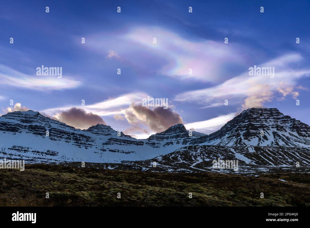 Farbenfrohe polare, stratosphärische, nacreöse Eiswolken über den Bergen von Faskrudsfjordur, Fáskrúðsfjörður Fjord, Island Stockfoto