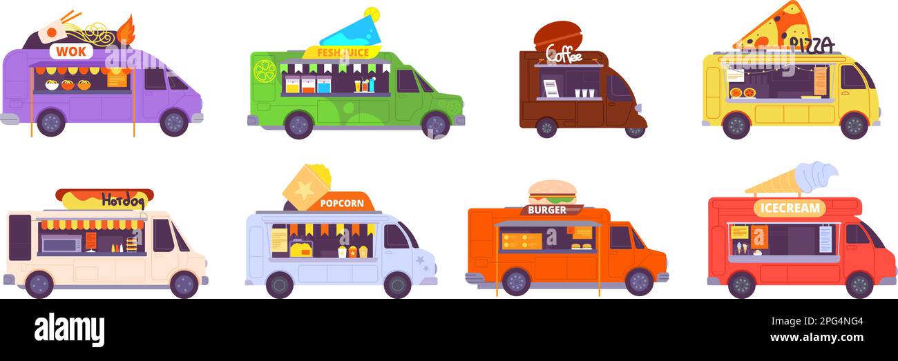Catering-Lkw. Festival Food Truck, Street Cafe van Food Pushcart, Burger Pizza Hotdog Snack Restaurant auf Rädern Coffee Vehicle Bar Bus, Vektordarstellung von Truck Food Car, Street Festival Stock Vektor