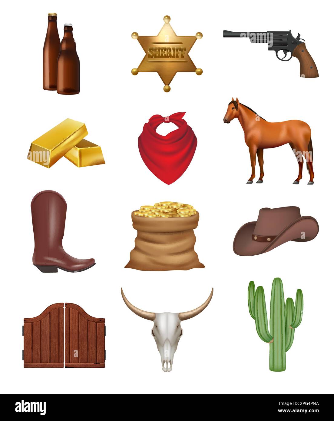 Wilder Westen. Waffen hat Pferd trinkt Geld anständige Vektor-realistische Cowboy-Symbole Stock Vektor