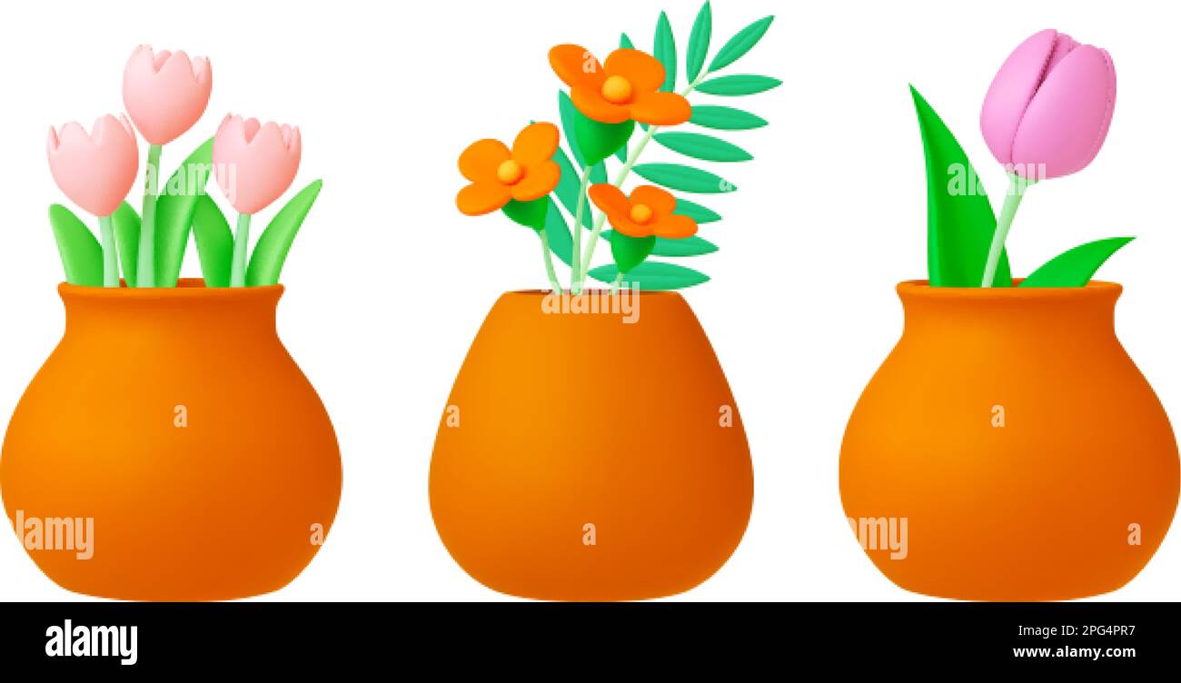 Frühlingsblumen 3D Blumensträuße in Töpfen oder Tonvasen. Plastikblume, rosa Tulpen und grüne Blätter. Isolierte dekorative, realistische Vektorblumen Stock Vektor