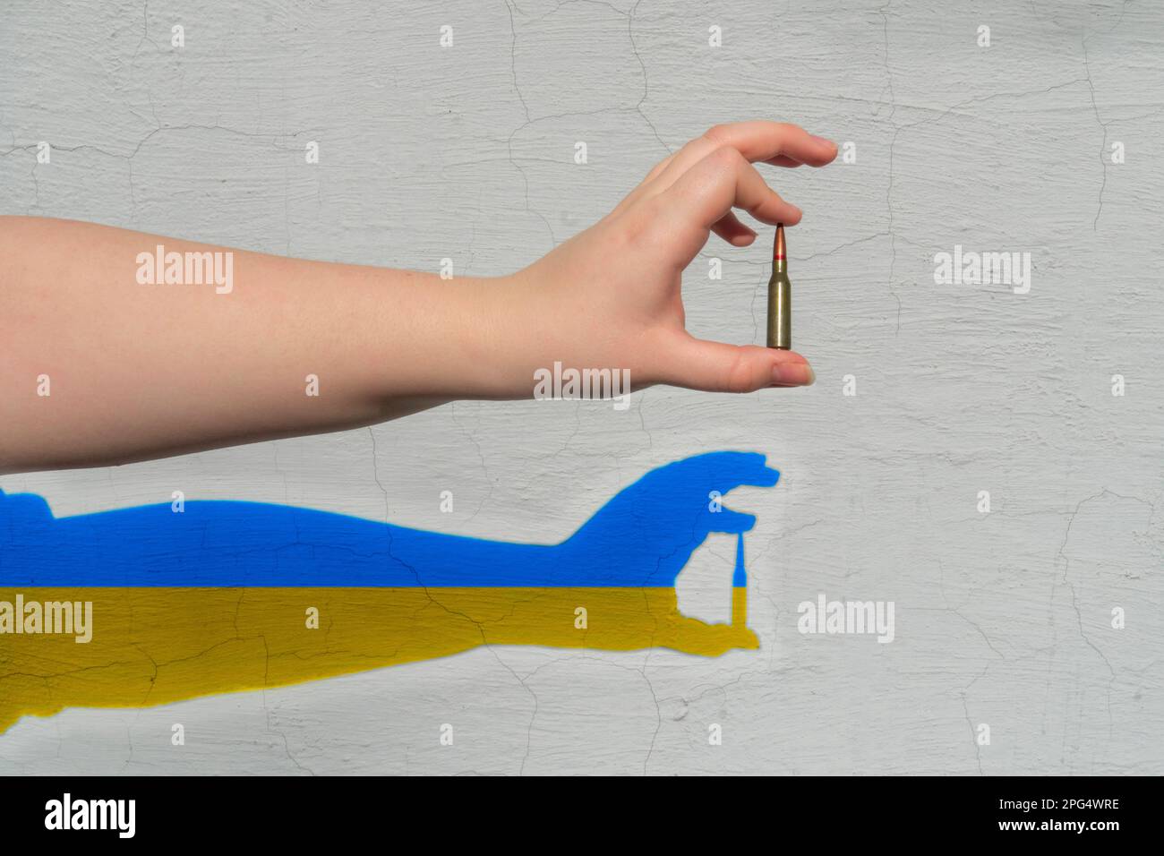Gewehrpatrone in der Hand. An der Wand befindet sich ein Schatten von Gelb-Blau (nationale Symbole der Ukraine). Das Konzept der militärischen Unterstützung für die Ukraine Stockfoto