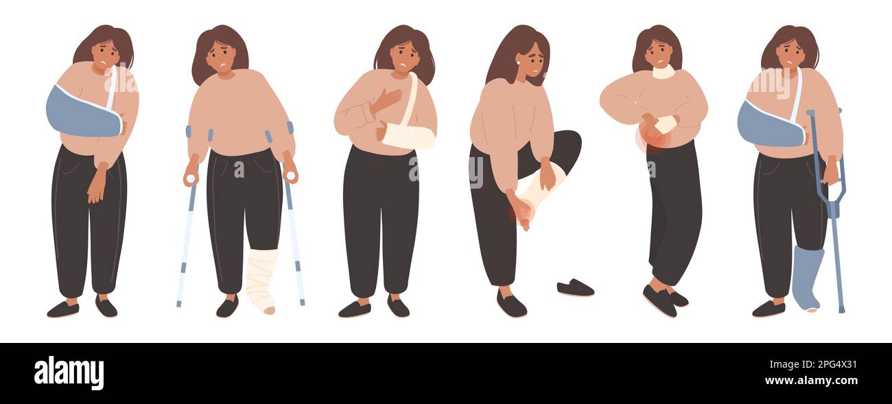 Frau mit Hand, Beinbruch, Fuß im Gips, weiblicher Charaktersatz mit Krücken Stock Vektor