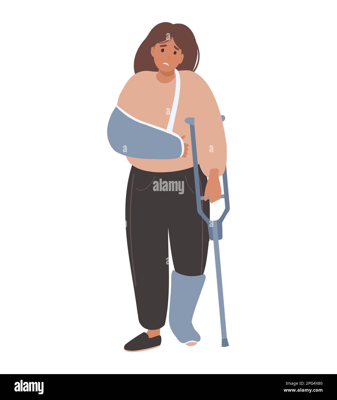 Frau mit Krücken und verputzten Füßen und Händen, gebrochenem Bein, gegossenem Arm. Bandverletzungskonzept Stock Vektor