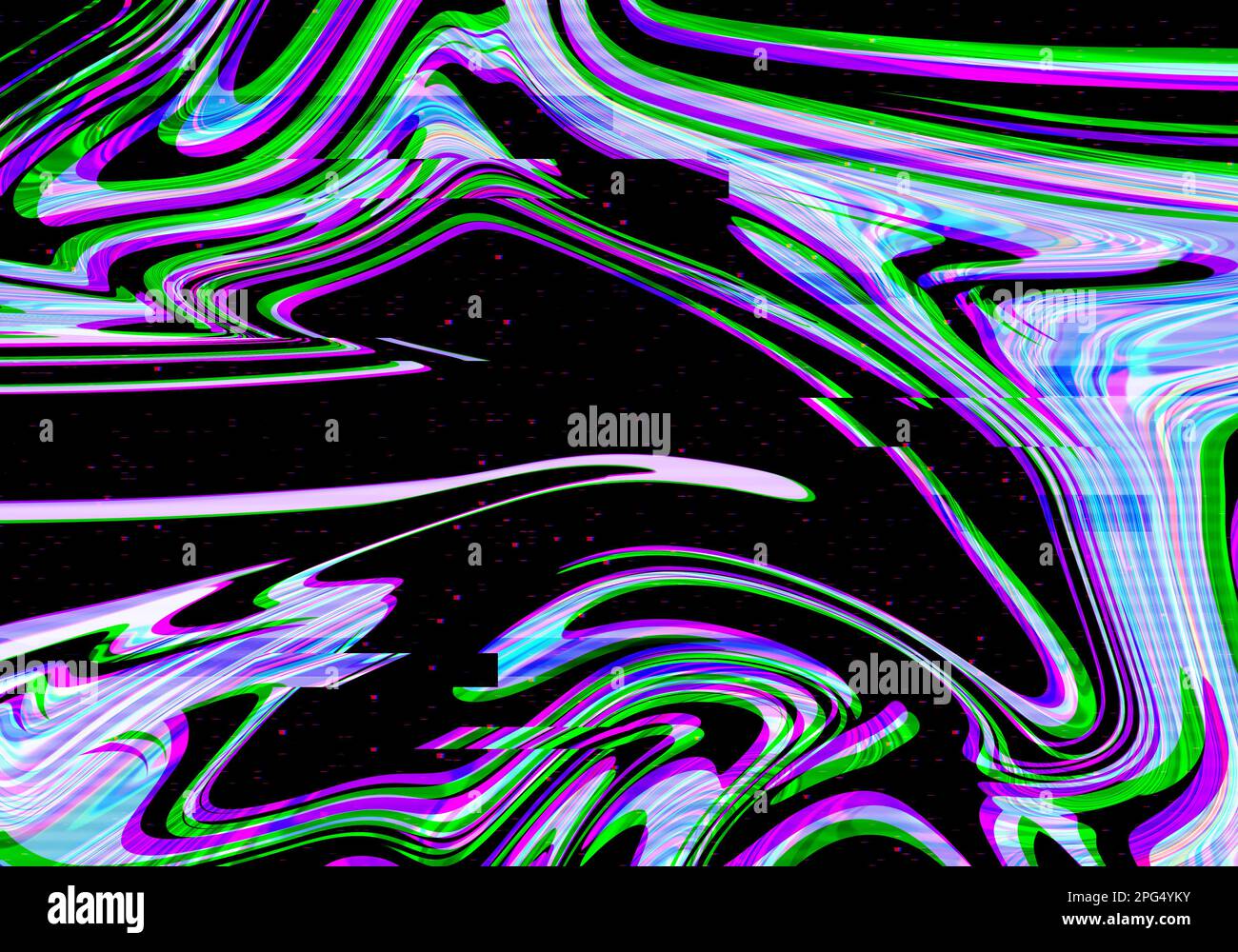 Abstrakter kreativer Hintergrund mit moderner Flüssiglackierung und VHS-Glitch-Artefakten. Holographische Synthwellendarstellung. Stockfoto