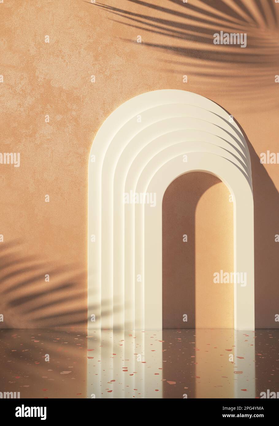3D-Rendering-Illustration für Packfotos. Glänzendes Terrazzo-Podium, weiße Bogenelemente und Palmenschatten. Tropisches Modell für Produktpräsentation. Stockfoto